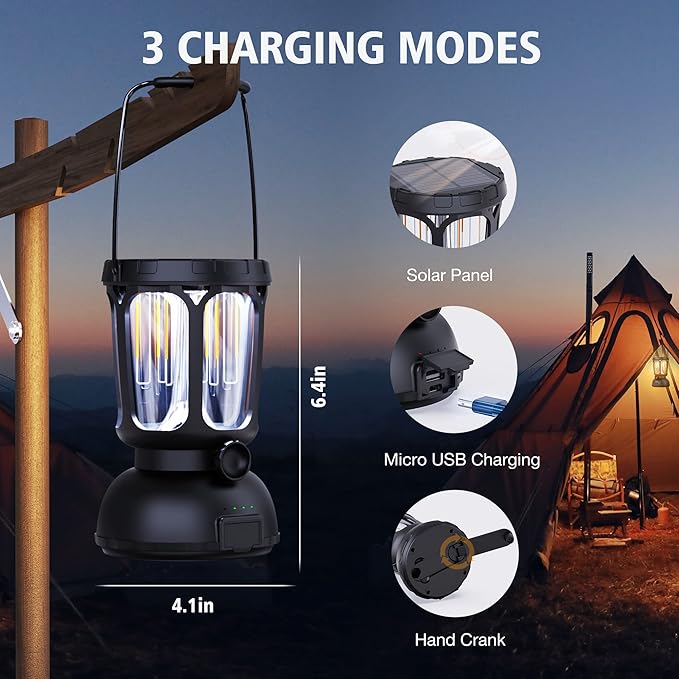 Raynic 6000 LED Camping Lantern Rechargeable, 650LM Hand Crank Solar Camping Light, Portable