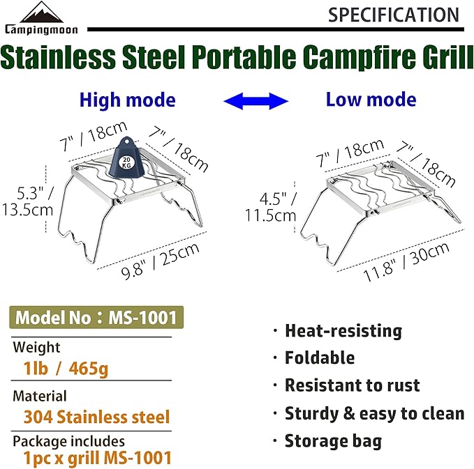 CAMPINGMOON Portable Folding Camping Campfire Grill over Fire Split Stoves 304 Stainless Steel