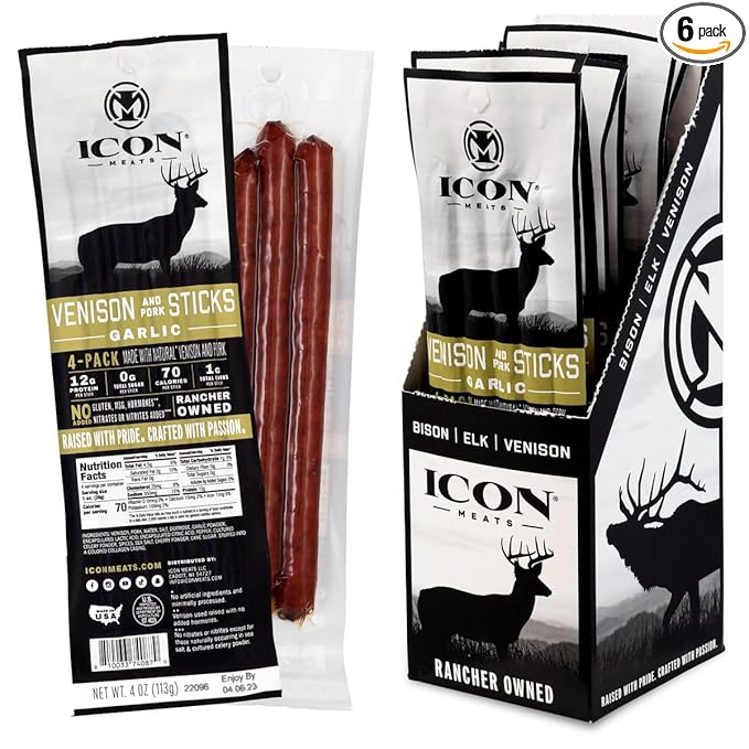 ICON Meats Venison and Pork Snack Sticks - Garlic Flavor - 6 Packs Per Box, 4 Sticks Per Pack, All