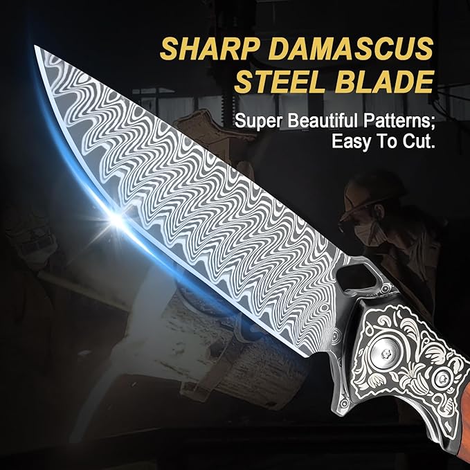 Damascus Folding Knife, 3.39" VG10 Core Damascus Steel Blade Pocket Knife for EDC, Wood Handle