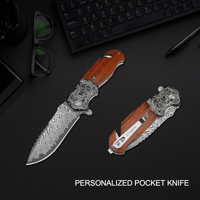 Pocket Knife with Glass Breaker, EDC Damascus Folding Knife with Seatbelt Cutter, 3.35" VG10