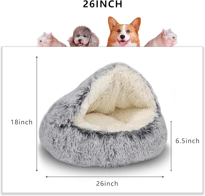 ShinHye Plush Fluffy Hooded Cat Bed Cave, Cozy for Indoor Cats or Small Dogs - Waterproof