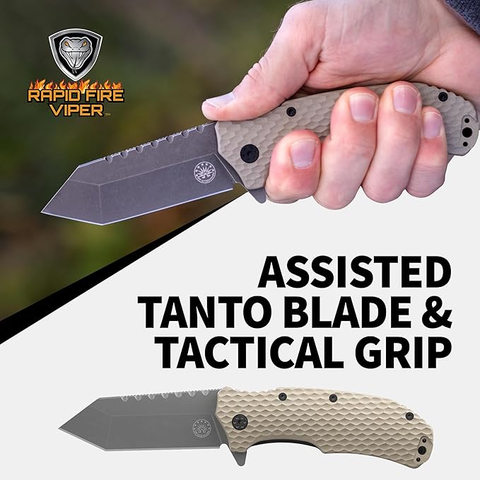 Off-Grid Knives - Rapid Fire Viper, Assisted Tanto Blade, Hard Use Build, Tactical, Camping &