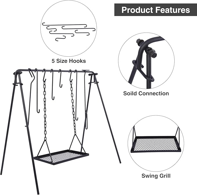 Lineslife Grill Swing Hanging Campfire Cooking Stand with Adjustable Iron Grill Grate, Collapsible