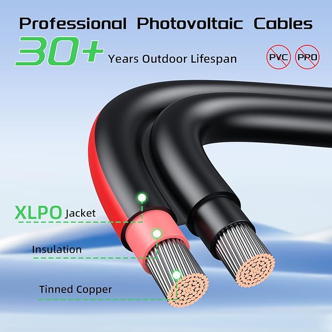 Bateria Power 20Ft 10AWG Solar Panel Extension Cable, 6mm² Twin Wire Conductor Parallel Solar Wire