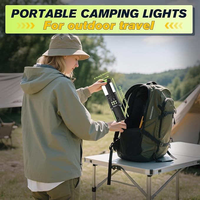 Portable Camping Lights with Stand, 5000LM Rechargeable LED Flashlight, 9 Color Modes, Collapsible