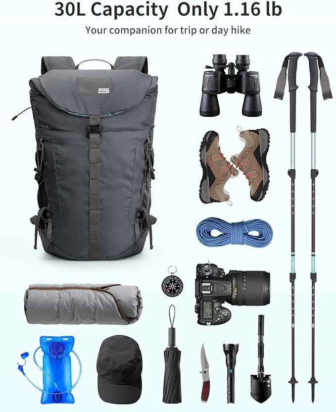 Blue Quartz Hiking Backpack 30L Lightweight Packable Backpack for Travel, Water Resistant Foldable