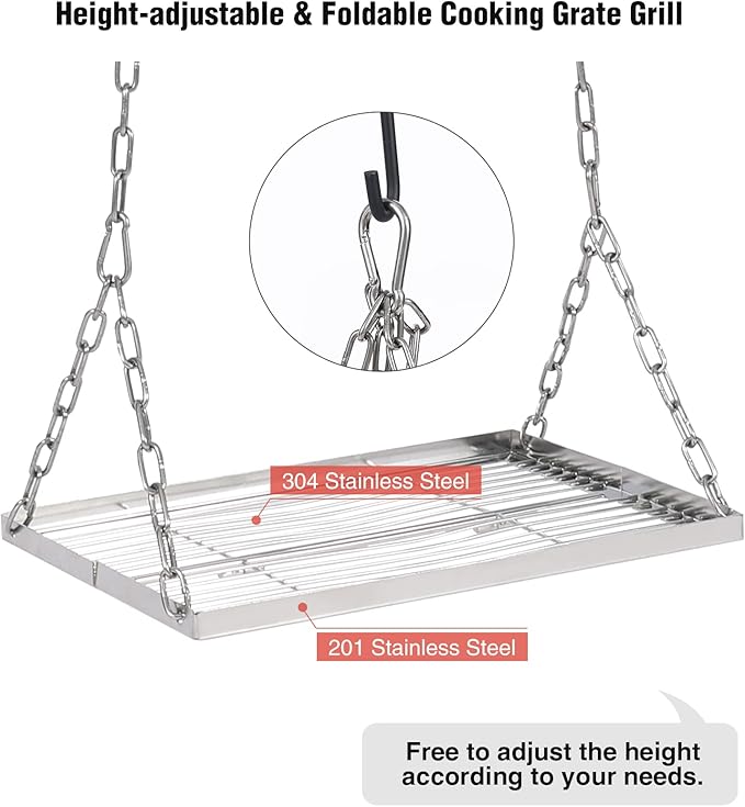 REDCAMP Swing Campfire Grill Stand - Collapsible Campfire Cooking Rack with 6 Hooks & Stainless