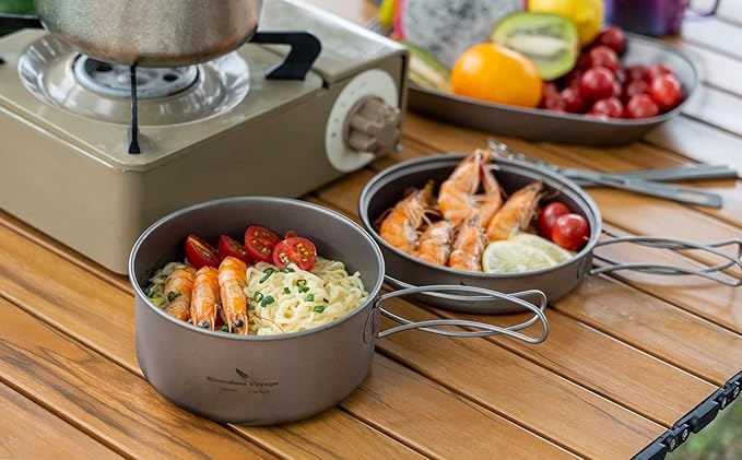 Boundless Voyage Outdoor Titanium Pot with Pan Set with Collapsible Folding Handle for Outdoor