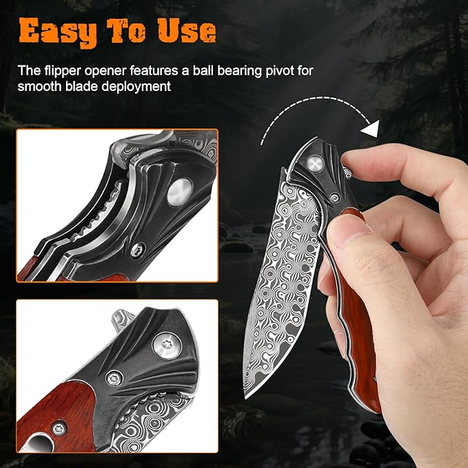 AUBEY Damascus Pocket Knife, Folding Knife with 3.43" Blade, Wooden Handle, Clip, EDC Knife for