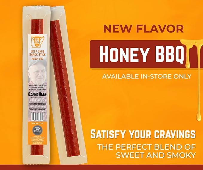 Beef Snob Snack Sticks - Honey BBQ Flavor - 1 Ounce Snack - 20 Meat Sticks Per Box - High Protein
