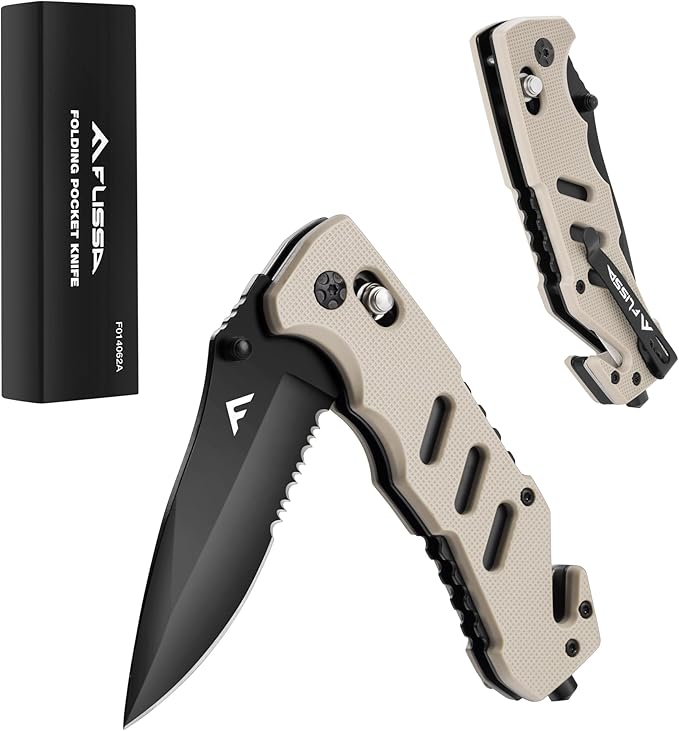 FLISSA Folding Pocket Knife with Clip, Glass Breaker and Seatbelt Cutter, Survival Knife for