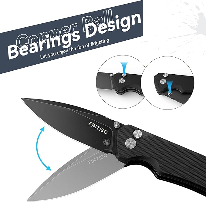 FINTISO Pocket Knife, 3" 14C28N Steel Blade G10 Handle Small EDC knife with Button Lock, Sharp