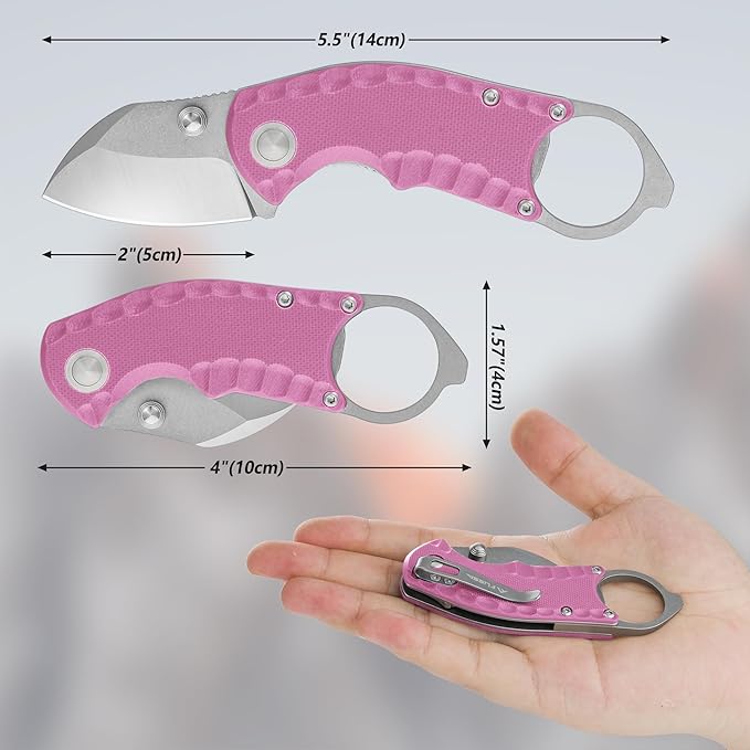 FLISSA 4" Small Folding Pocket Knife, Lightweight Utility Knife, Pink G10 Handle, EDC Pocket Knife