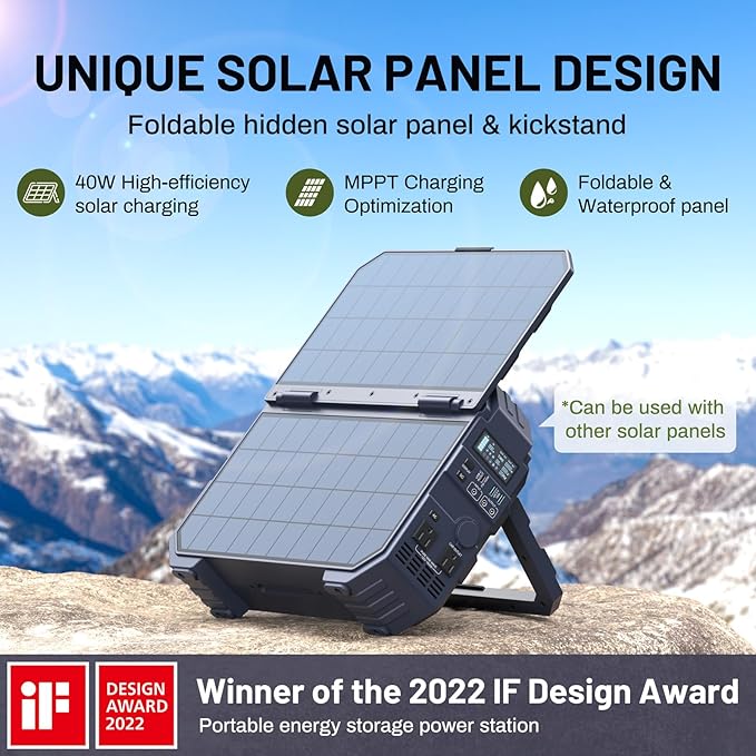 BROWEY 1600W (3200W Peak) Portable Power Station, 1024Wh LiFePO4 Battery with Built-in Solar Panel