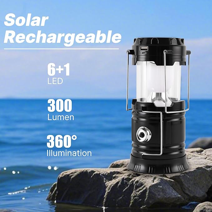 Lichamp Collapsible Portable Solar Camping Lantern, USB Rechargeable LED Flashlight - Survival Kits