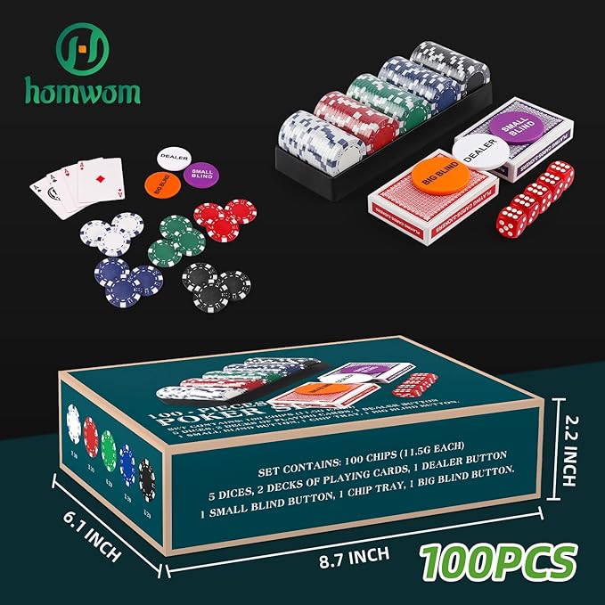 Poker Chip Travel Set, 100PCS 5 Color Professional Poker Chips in Cardboard Gift Box, 11.5 Gram