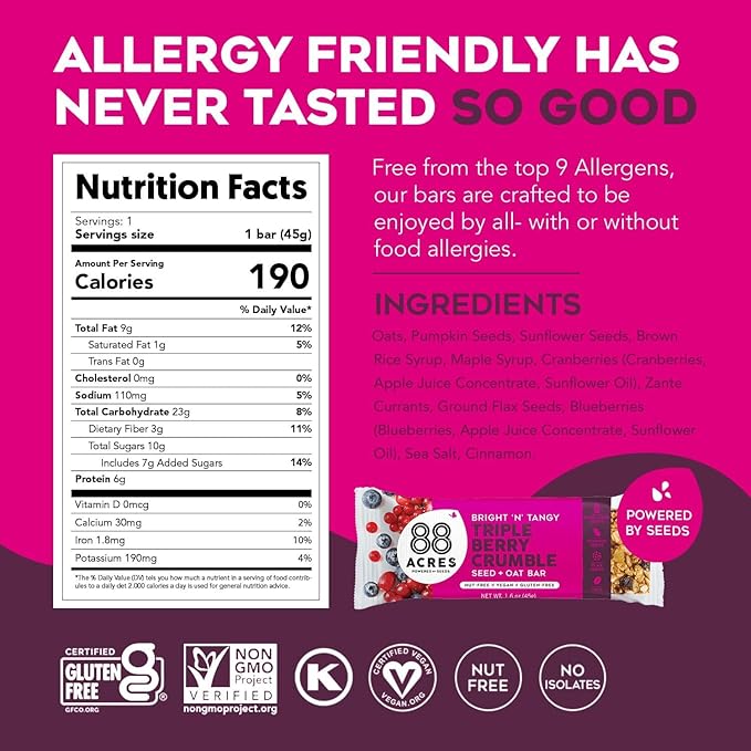 88 Acres Granola Bars | Triple Berry | Gluten Free, Nut-Free Oat and Seed Snack Bar | Vegan & Non