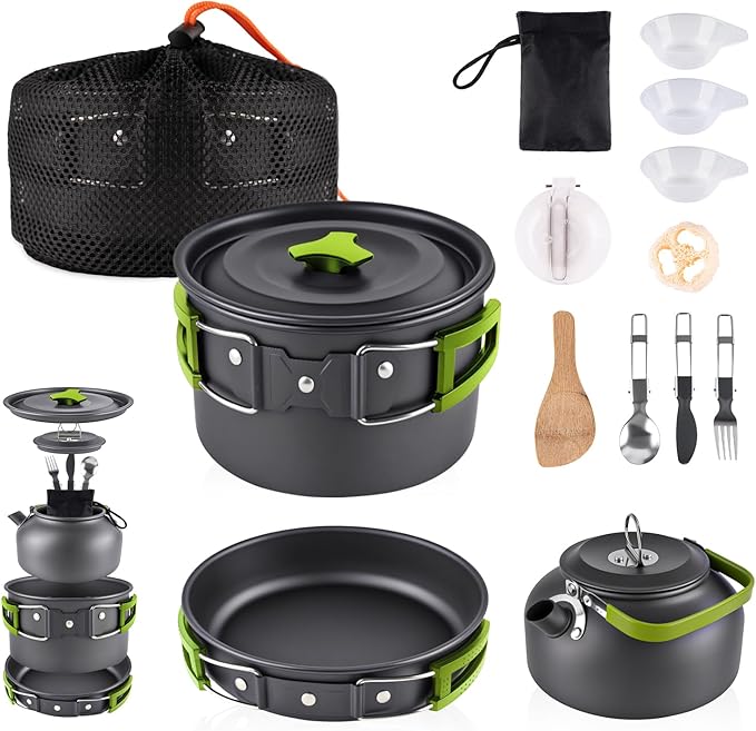 aiGear 3pcs Camping Cookware Mess Kit, Non-Stick Camping Pan Pot Kettle, Lightweight Aluminum