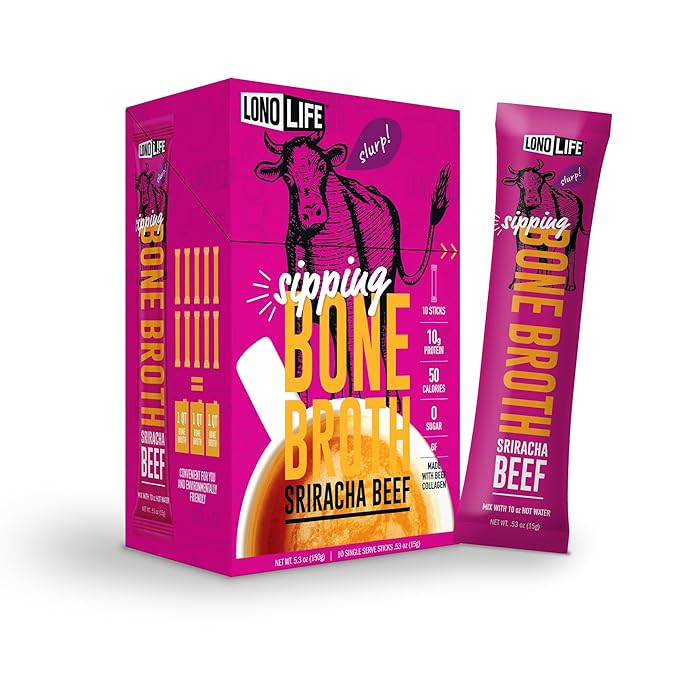 LonoLife Sriracha Beef Bone Broth Powder Mix | Grass-Fed, 10g Protein | Collagen-Rich, Keto & Paleo