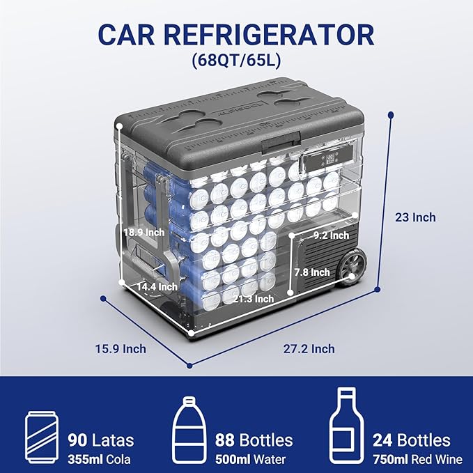 BODEGACOOLER 12 Volt Car Refrigerator,68Quart(65L) Camping Fridge,RV Portable Freezer Single