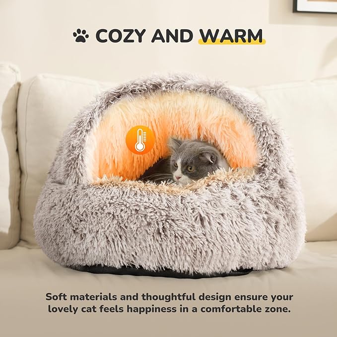 CATISM Plush Hooded Cat Bed, Calming Nest, Self-Warming Cave, Cozy Pod for Indoor Cats or Small
