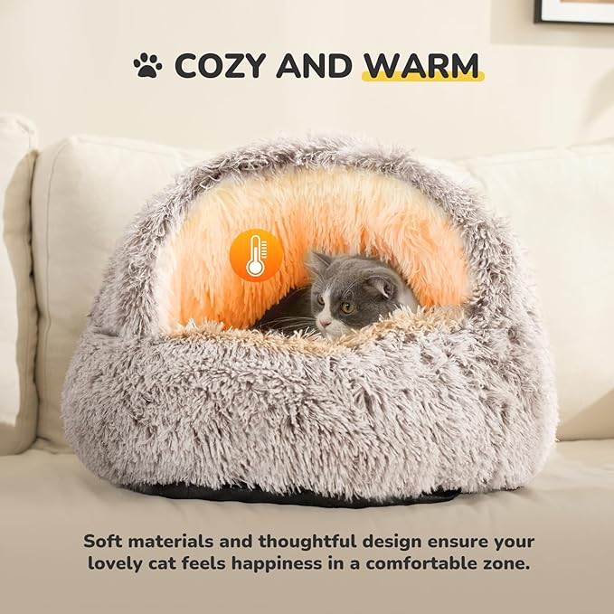 CATISM Cat Bed, Plush Hooded Cat Beds for Indoor Cats, Self Warming Cats Beds Cave, Cozy Pod for