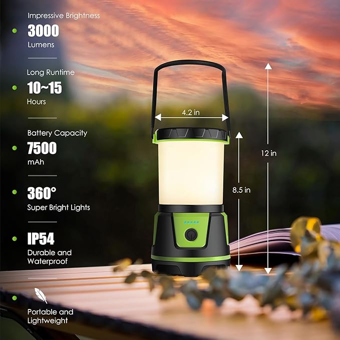 Rechargeable Camping Lantern 3000 Lumens ??LED Flashlight with 5 Modes, IP54 Waterproof, 7500mAh