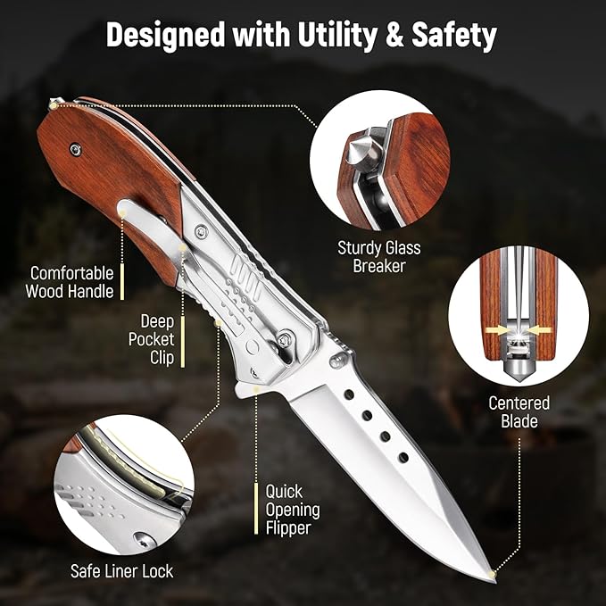 Pocket Knife for Men - 2.98" Sharp Blade Wood Handle Pocket Folding Knives with Clip, Glass Breaker