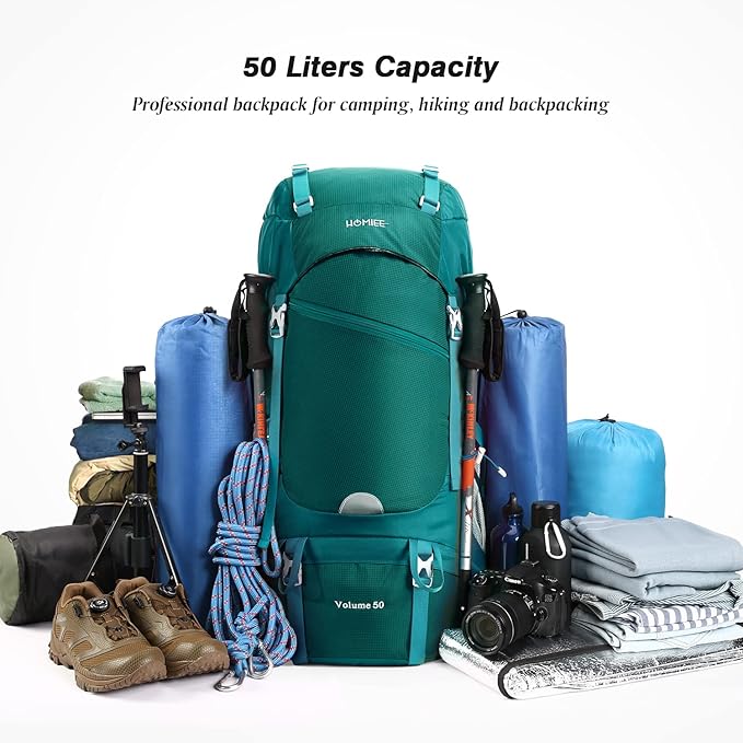 HOMIEE 50L Hiking Backpack Travel Bag Waterproof Camping Rucksack with Rain Cover Lightweight
