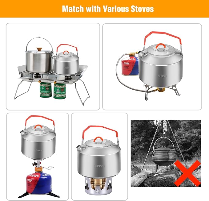 REDCAMP 1.6L Outdoor Camping Kettle, Lightweight Stainless Steel Water Pot with Carrying Bag