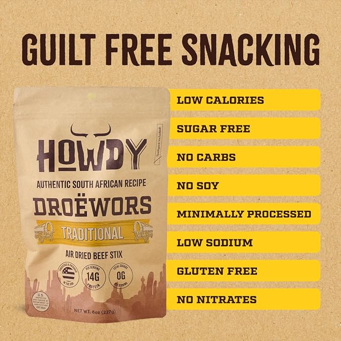 Howdysnax Handcraft Authentic Small Batch Droëwors Beef Sticks Sugar Free, Soy Free, Paleo & Keto