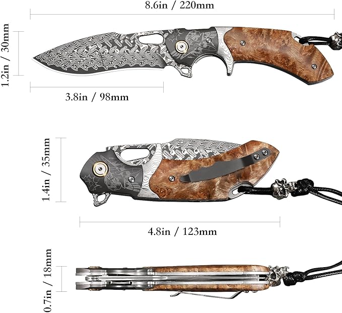 Damascus Steel Folding Pocket Knifeï¼?.6in Men's EDC knife，With leather sheath，pocket clip，Liner