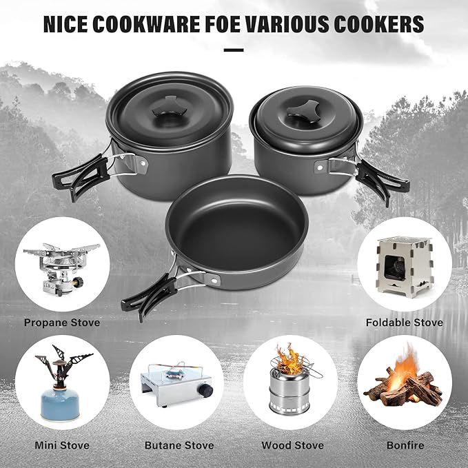 Lixada 10pcs Camping Cookware Mess Kit, Non-Stick Lightweight Stackable Pot Pan Bowls Camping