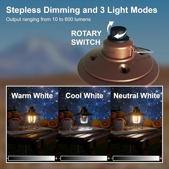 LED Camping Lantern Rechargeable Dimmable, Portable Vintage Outdoor Lantern 2700-6500K Waterproof