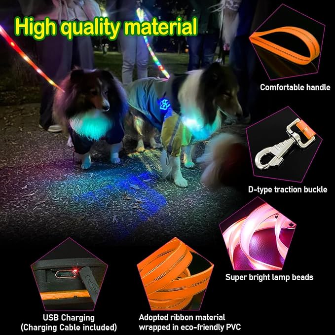 LED Waterproof Pet Dog Leash USB Rechargeable Fashionable Color Glow in The Dark Night Walk Safety