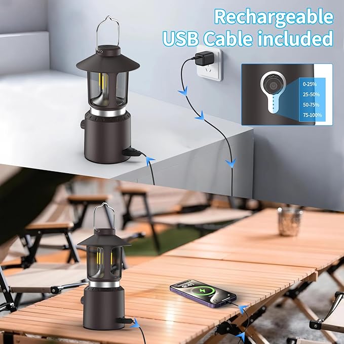 Retro Classic LED Camping Lantern, Rechargeable Stepless Dimming Vintage Lantern, 3 Light Modes