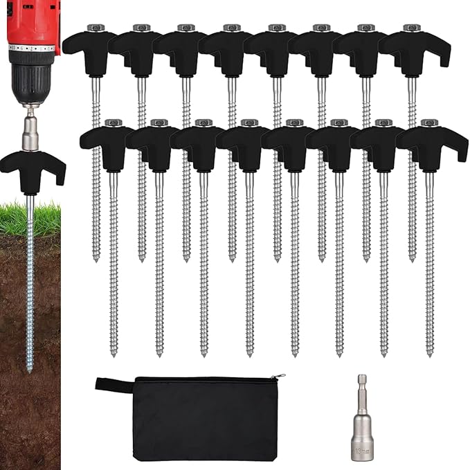 16 Pack Screw in Tent Stakes Heavy Duty,8 Inch Ground Anchors Screw in,Metal Stakes with Hex Head
