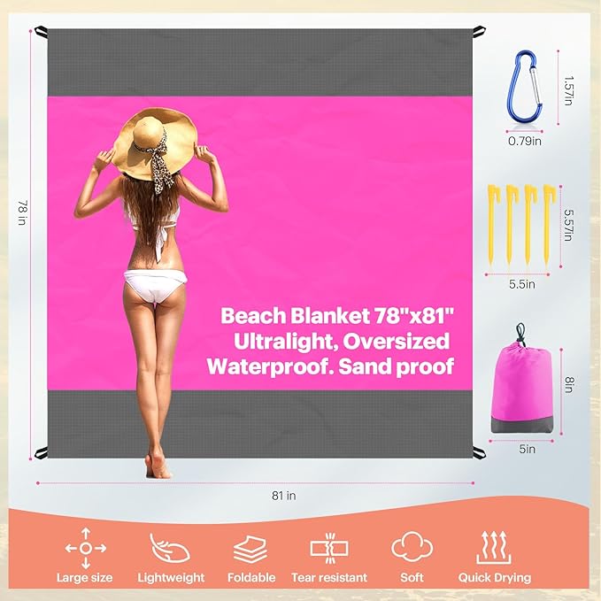 EASYFUN Beach Blanket Sandproof Oversized, 79''×83'' Extra Large Beach Mat, Portable Picnic Mat for