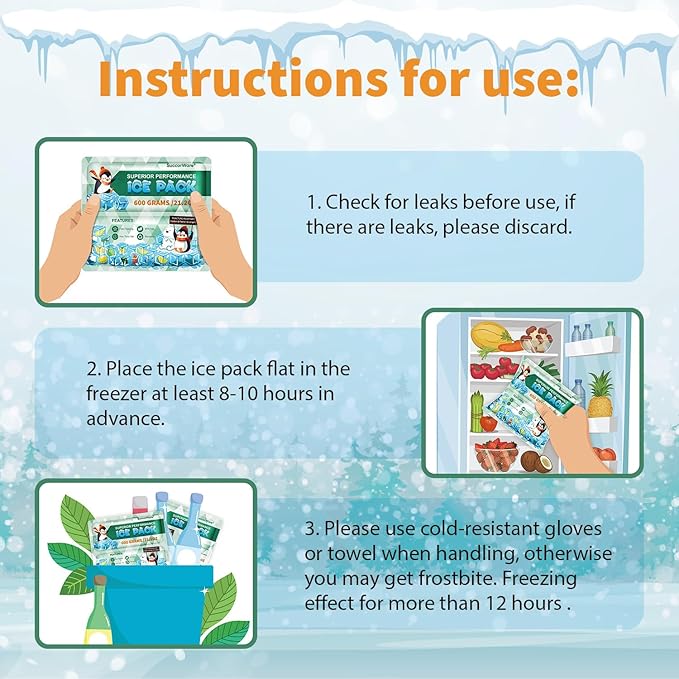 5 Packs Reusable Ice Packs for Lunch Boxes - 12+ Hour Cooling Ice Gel Pack for Camping, Beach