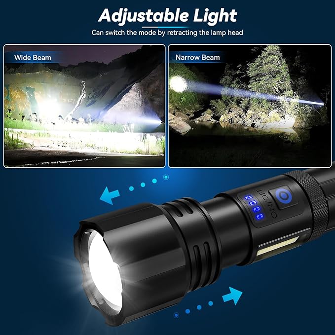 Rechargeable Flashlight, 99,000 Lumens Super Bright Flash Light, 7 Modes with COB Work Light, IPX6