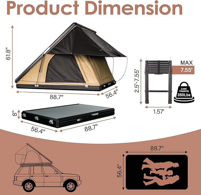 Hardshell Rooftop Tent, Roof Top Tent for 2-3, with Aluminium Ladder, Skyview Window, Mattress, LED