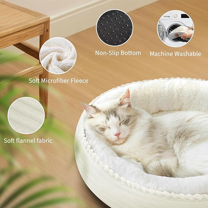 20in Cream Round Cat Dog Bed Gift for Large Medium Small Dogs Cats, Machine Washable Sleeping Sofa