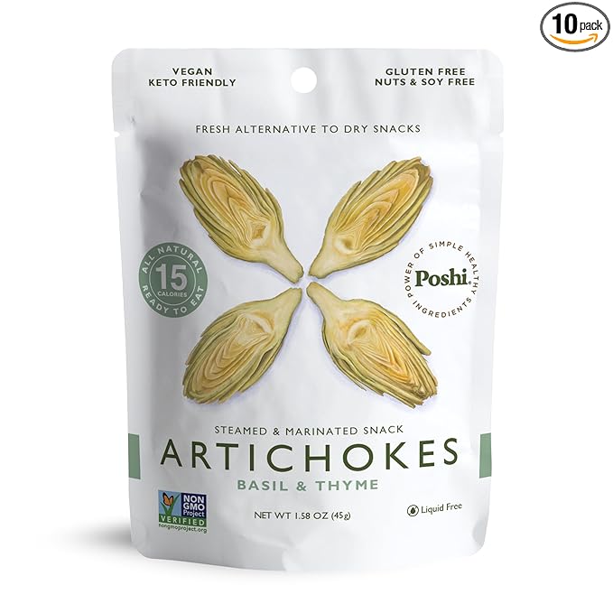 POSHI Artichoke Hearts with Basil and Thyme – Ready-to-Eat Snack Pack – Vegan, Keto, Low Carb
