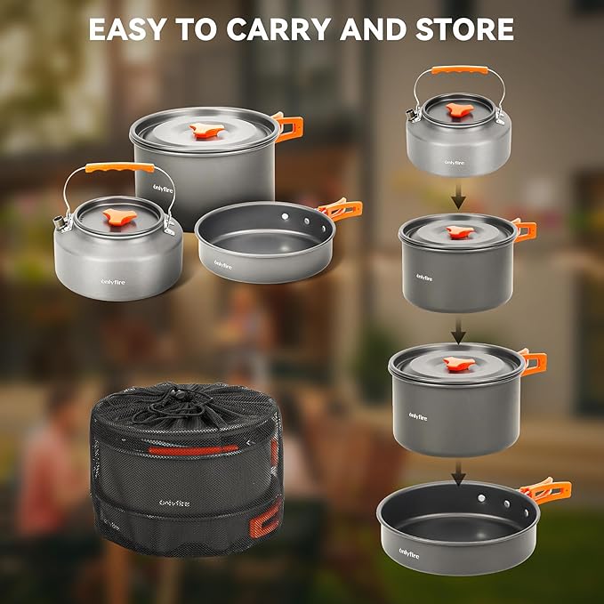 Onlyfire 10pcs Camping Cookware Mess Kit, Non-Stick Lightweight Pot Pan Kettle Set with Plates