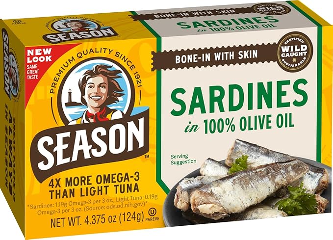 Season Sardines in Olive Oil - Wild Caught, 22g of Protein, Keto Snacks, More Omega 3's Than Tuna