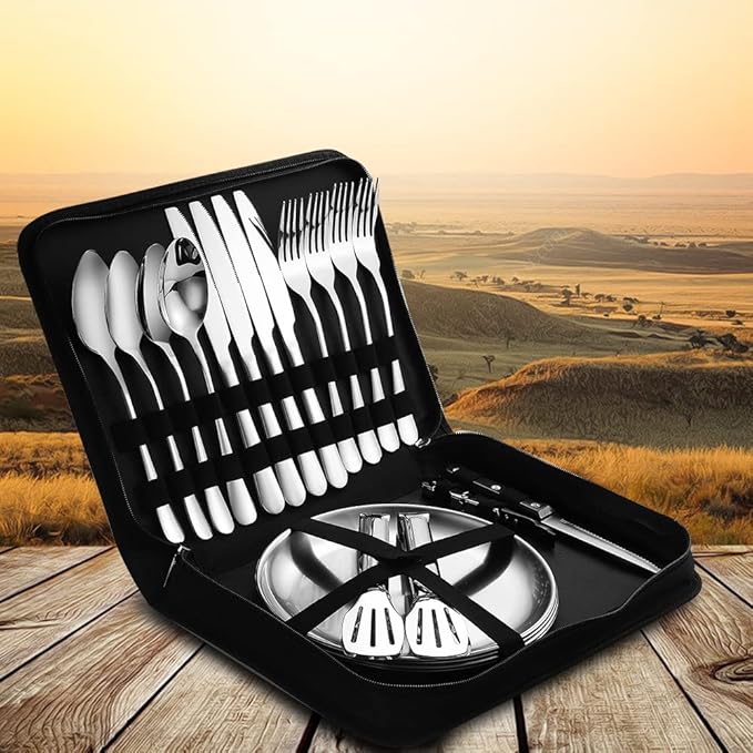 Camping Silverware Silver Picnic Plates and Utensils Set for 4 Portable Tableware Stainless Steel