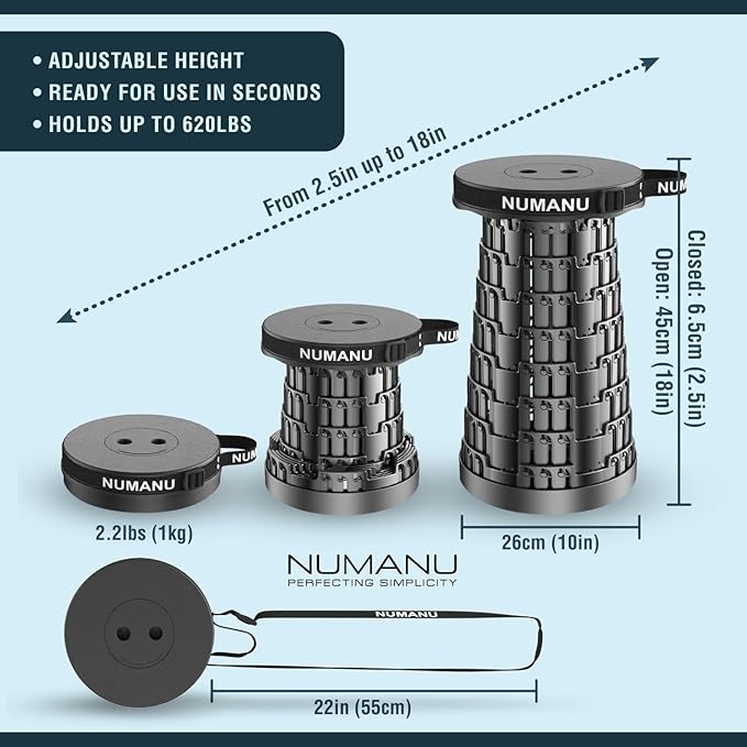 NUMANU 2025 Upgraded Collapsible Stool, Max 620lb, Height Adjustable Retractable Telescopic Seat