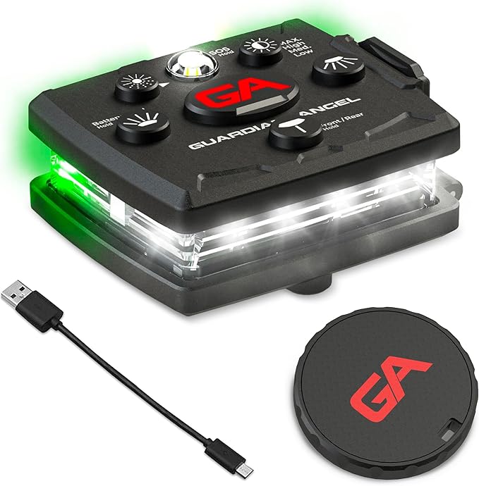 Guardian Angel Micro Series Safety Lights, (All White Front & Green Rear) | Rechargeable, Magnetic