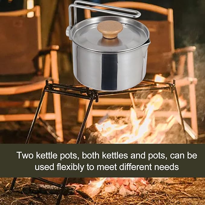 Stainless Steel Camping Kettle, Portable 1L Camping Pot with Removable Handle, Ideal for Outdoor